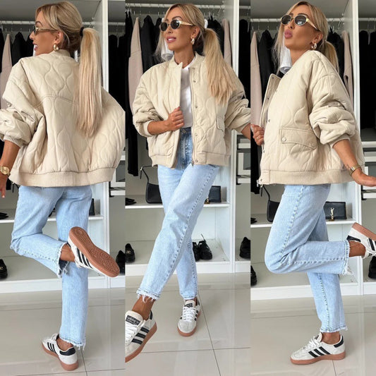 Women’s Winter Stitched Jacket – Chic Casual Buckle Coat with Long Sleeves Solid Color Outerwear