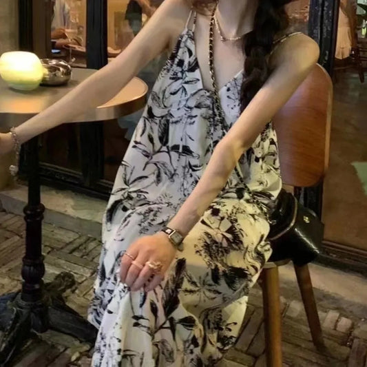 Women’s Floral Camisole Maxi Dress – French Ink V-Neck Style