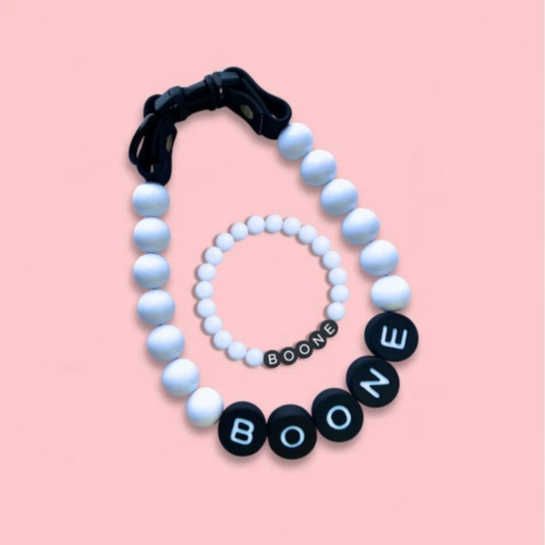Personalized Dog Beaded Name Collar & Bracelet Set – Custom Letter Bead Pet Necklace
