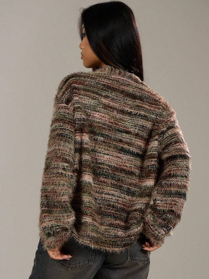 Women’s Winter Striped Knitted Cardigan – Buttoned V-Neck Cropped Long Sleeve Sweater