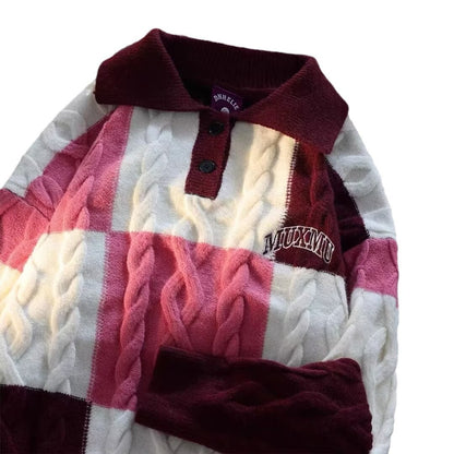 Women’s Contrast-Color Cable-Knit Sweater with Turn-Down Collar – Casual Knitwear