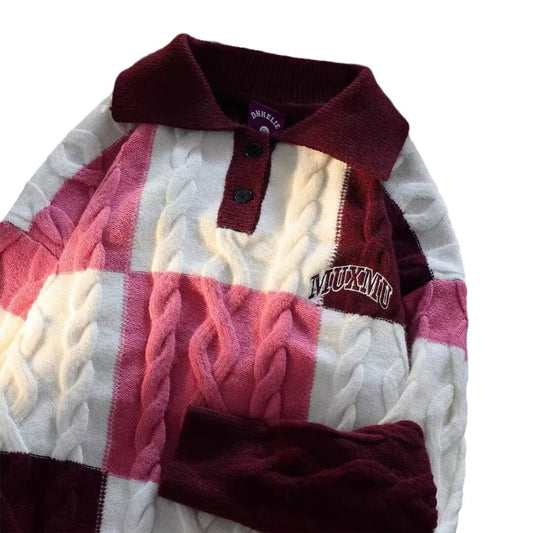 Women’s Contrast-Color Cable-Knit Sweater with Turn-Down Collar – Casual Knitwear