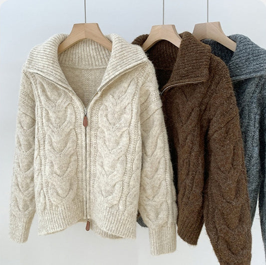 Women’s Korean-Style Cable Knit Sweater Coat – Double Zipper Outerwear