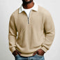 Men’s Solid Color Waffle-Weave Long-Sleeve Zip-Up Polo Shirt with Lapel Collar