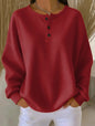 Women’s Waffle Knit Long-Sleeve T-Shirt – Solid Color Round Neck Pullover with Buttons