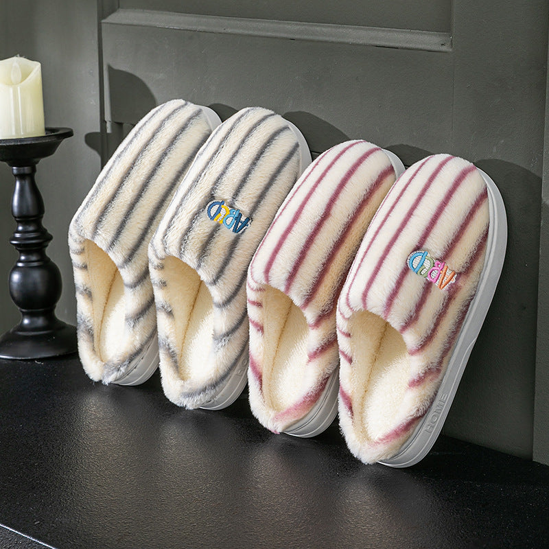Plush Striped Winter Slippers – Warm Letter-Embroidered Indoor Home Shoes for Women & Men