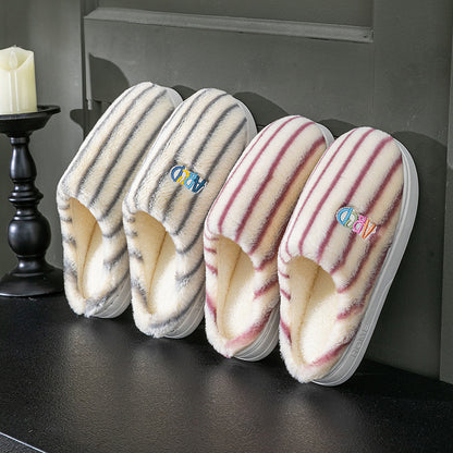 Plush Striped Winter Slippers – Warm Letter-Embroidered Indoor Home Shoes for Women & Men
