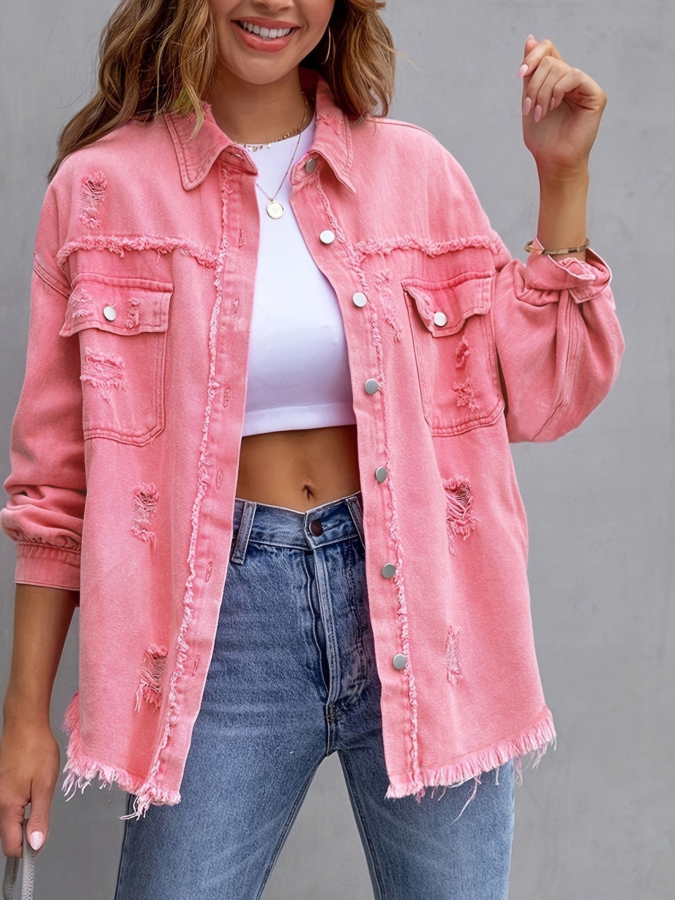 Women’s Fashion Ripped Shirt Jacket – Casual Autumn & Spring Top, Trendy Outerwear