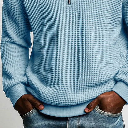 Men’s Solid Color Waffle-Weave Long-Sleeve Zip-Up Polo Shirt with Lapel Collar