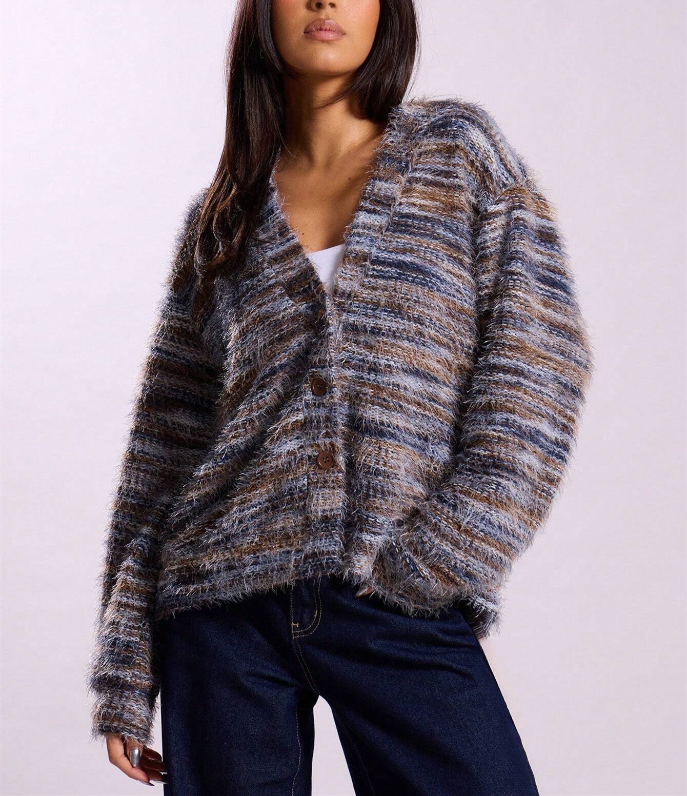 Women’s Winter Striped Knitted Cardigan – Buttoned V-Neck Cropped Long Sleeve Sweater