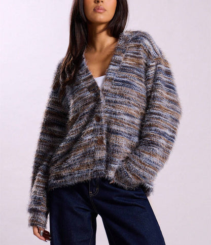 Women’s Winter Striped Knitted Cardigan – Buttoned V-Neck Cropped Long Sleeve Sweater