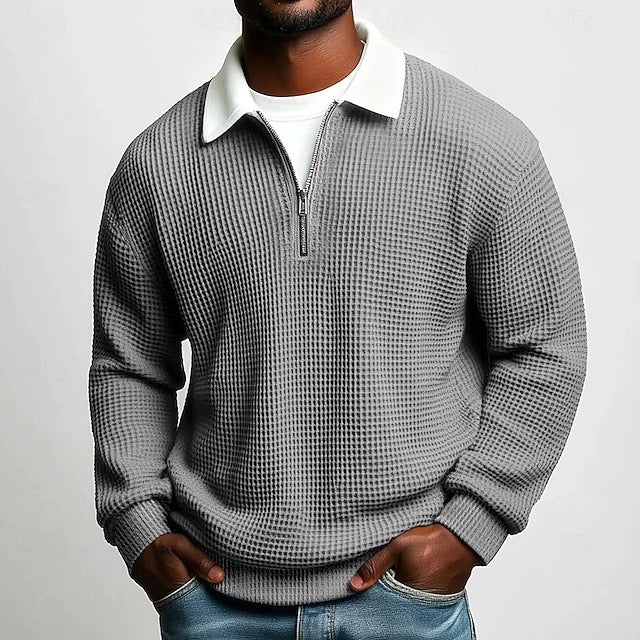 Men’s Solid Color Waffle-Weave Long-Sleeve Zip-Up Polo Shirt with Lapel Collar