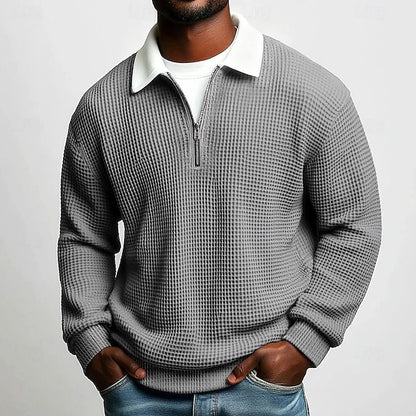 Men’s Solid Color Waffle-Weave Long-Sleeve Zip-Up Polo Shirt with Lapel Collar