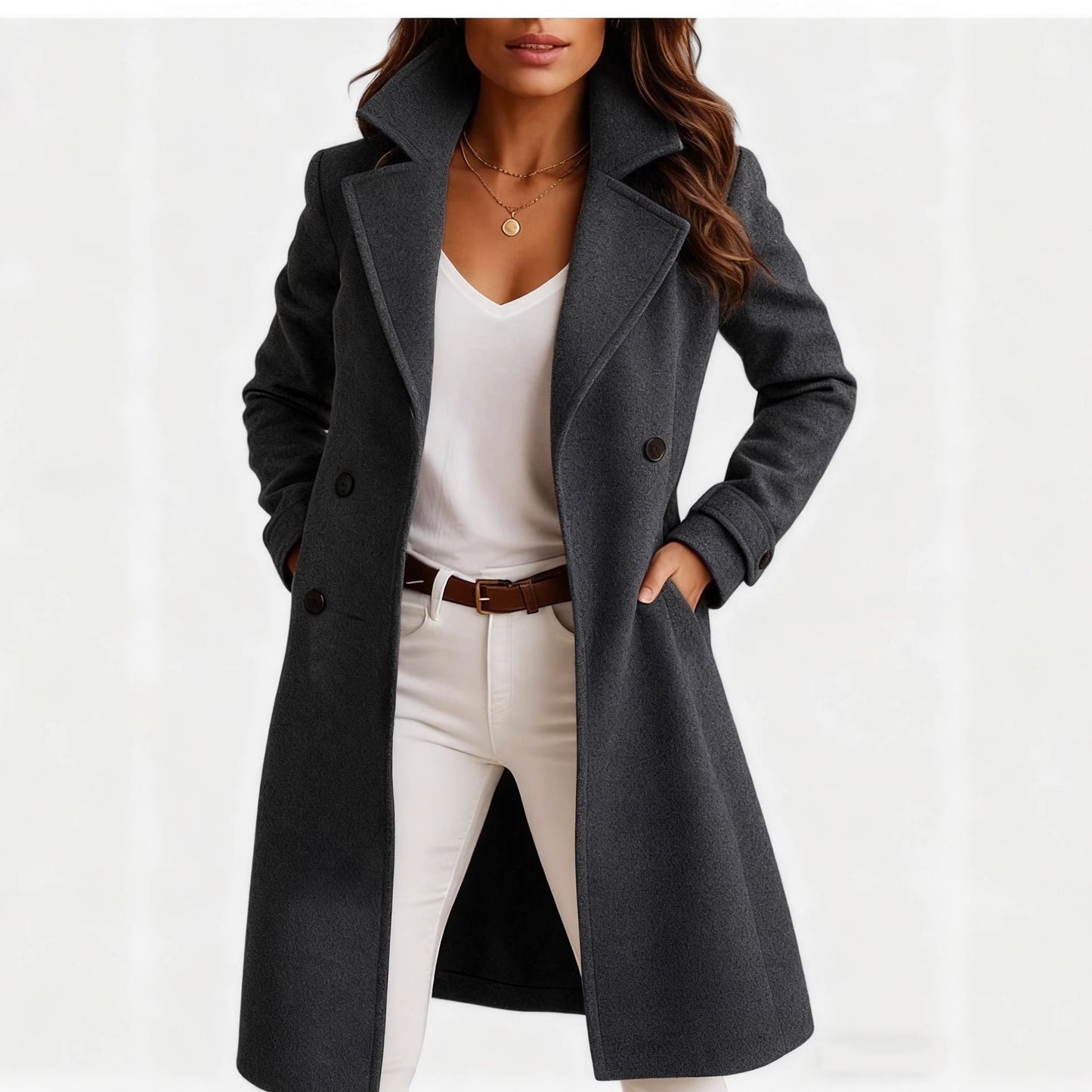 Women’s Single-Breasted Mid-Length Coat with Pockets – Elegant Lapel Jacket, Casual Long-Sleeve Fashion Outerwear