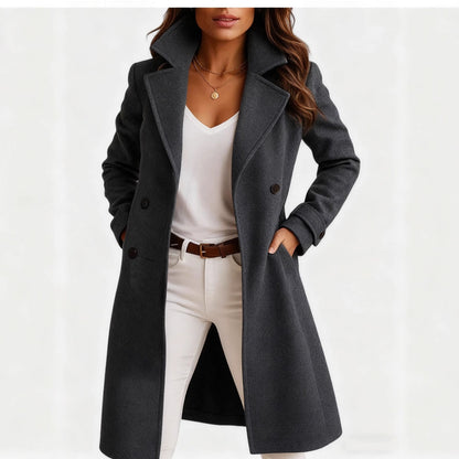 Women’s Single-Breasted Mid-Length Coat with Pockets – Elegant Lapel Jacket, Casual Long-Sleeve Fashion Outerwear
