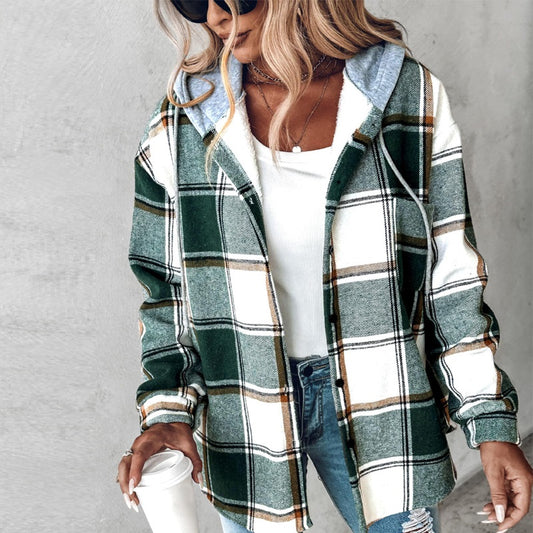Women’s Plaid Hooded Jacket – Casual Buttoned Pocket Coat for Autumn & Winter
