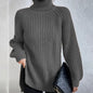 Women’s Turtleneck Pullover Sweater – Solid Color Long Sleeve Top with Split Design