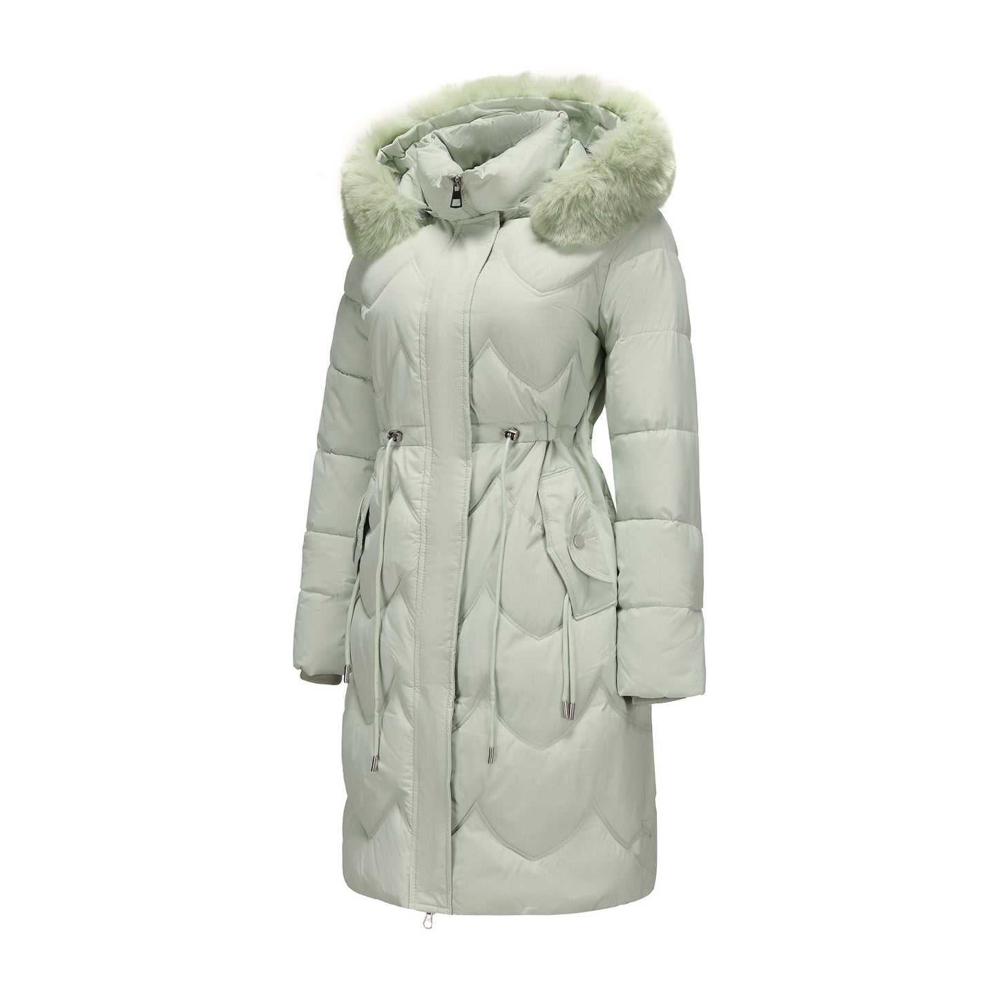 Women’s Mid-Length Cotton Coat with Big Fur Collar – Thickened Waist-Cinching Winter Jacket