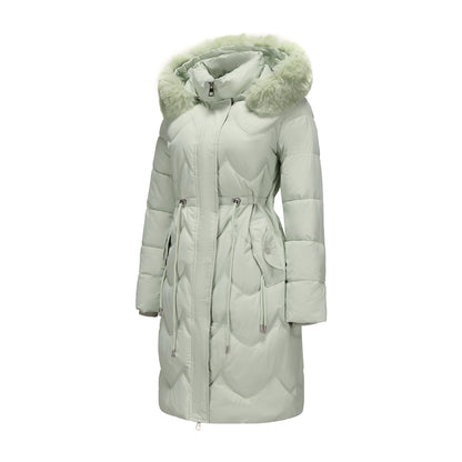 Women’s Mid-Length Cotton Coat with Big Fur Collar – Thickened Waist-Cinching Winter Jacket