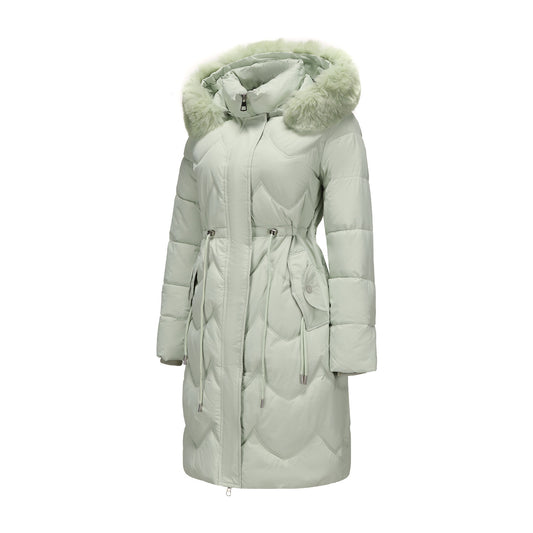Women’s Mid-Length Cotton Coat with Big Fur Collar – Thickened Waist-Cinching Winter Jacket