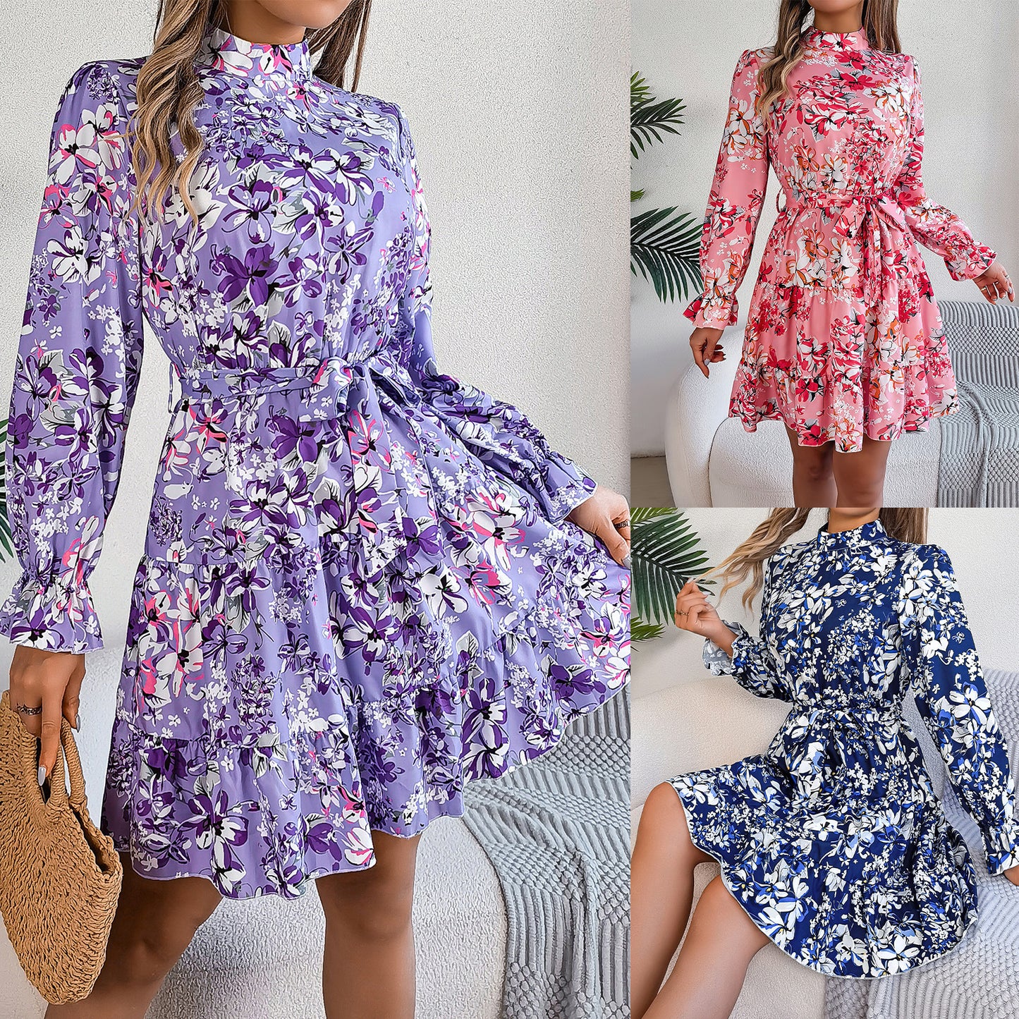 Women’s Standing Collar Floral A-Line Dress – Ruffled Long Sleeve Waist-Controlled Spring & Autumn Ruffle Edge Dress
