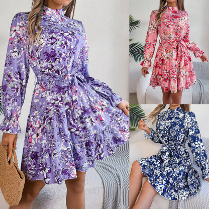Women’s Standing Collar Floral A-Line Dress – Ruffled Long Sleeve Waist-Controlled Spring & Autumn Ruffle Edge Dress