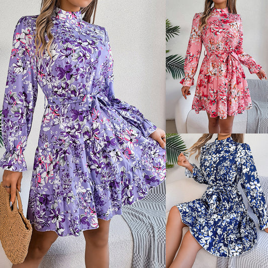 Women’s Standing Collar Floral A-Line Dress – Ruffled Long Sleeve Waist-Controlled Spring & Autumn Ruffle Edge Dress