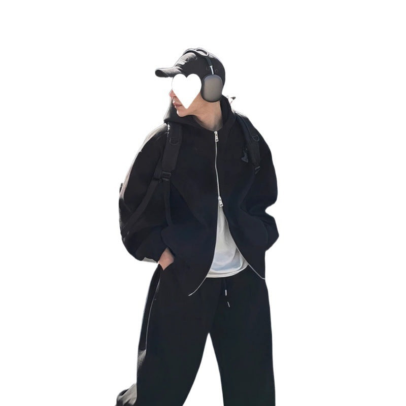 Men's Autumn Double-Zipper Hoodie Set – Casual Lazy-Style Sweatshirt and Pants