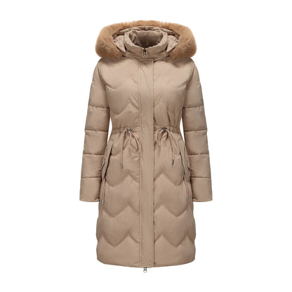 Women’s Mid-Length Cotton Coat with Big Fur Collar – Thickened Waist-Cinching Winter Jacket