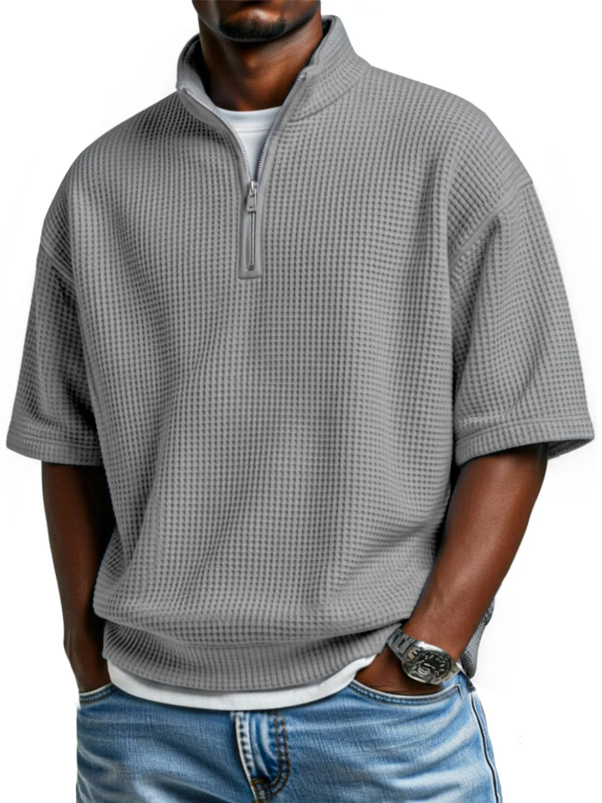 Men’s Waffle-Knit Short-Sleeve Polo Shirt – Loose-Fit Half-Zip Casual T-Shirt