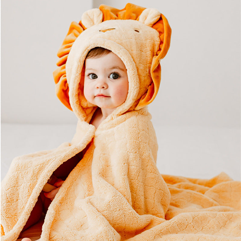 Baby Coral Fleece Hooded Bath Towel – Lion & Koala Animal Bath Wrap for Infants