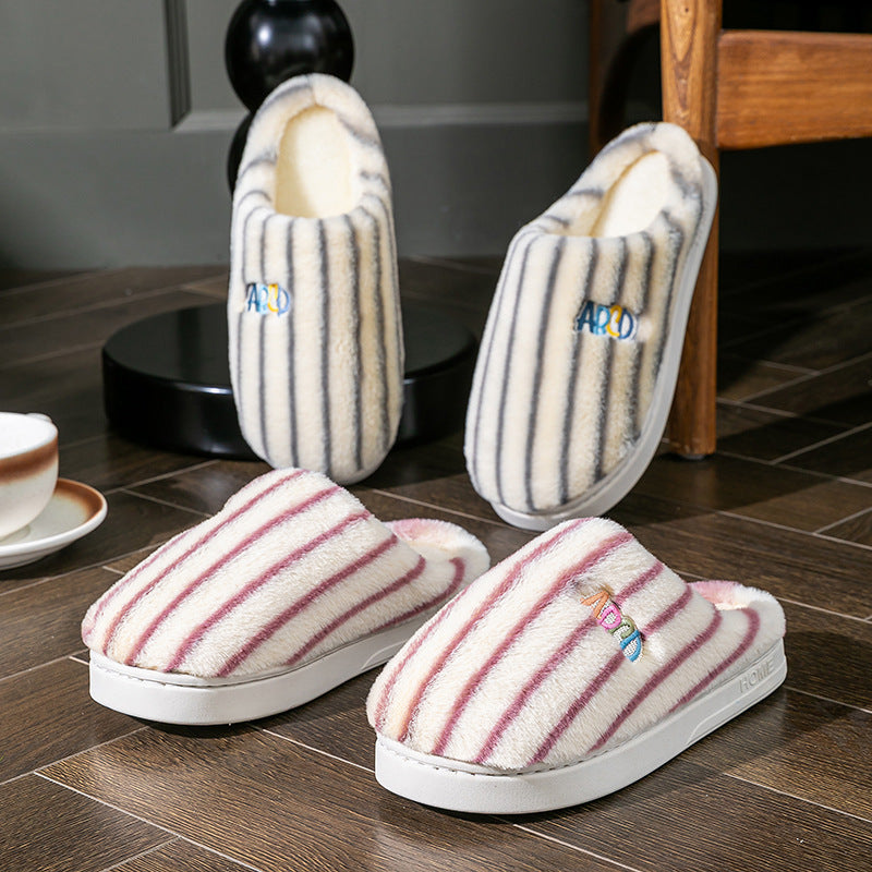 Plush Striped Winter Slippers – Warm Letter-Embroidered Indoor Home Shoes for Women & Men