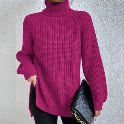 Women’s Turtleneck Pullover Sweater – Solid Color Long Sleeve Top with Split Design