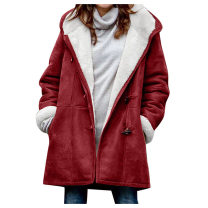Women’s Winter Button Coat – Warm Hooded Jacket with Pockets