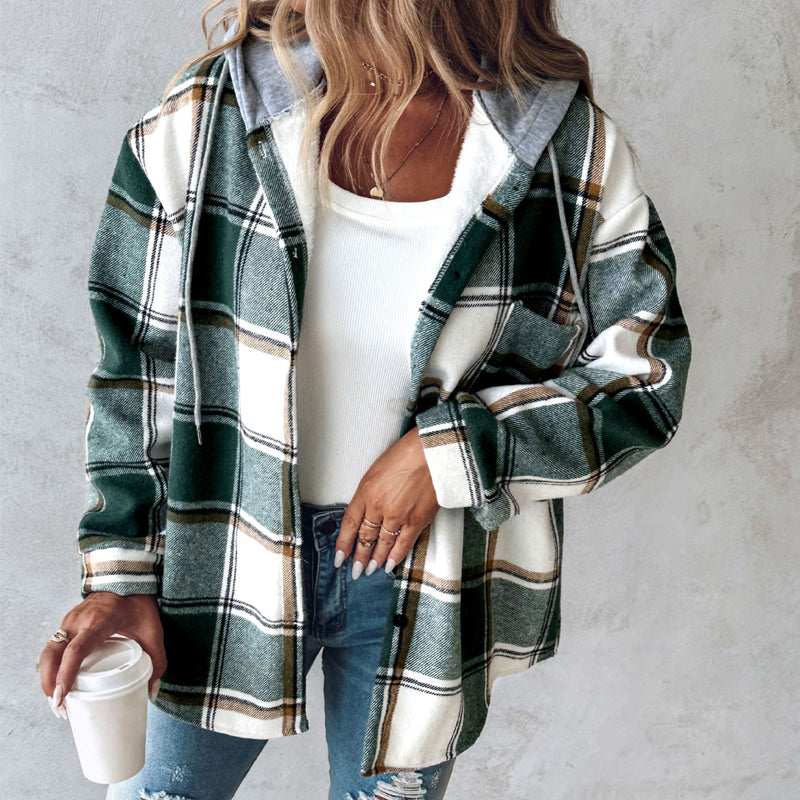 Women’s Plaid Hooded Jacket – Casual Buttoned Pocket Coat for Autumn & Winter