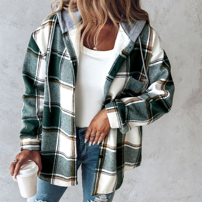 Women’s Plaid Hooded Jacket – Casual Buttoned Pocket Coat for Autumn & Winter