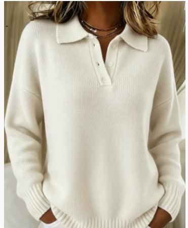 Women’s Printed Lapel Sweater – Casual Long-Sleeve Buttoned Knitted Pullover Top