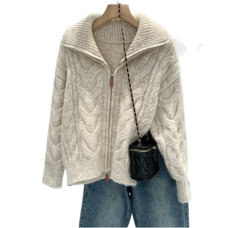 Women’s Korean-Style Cable Knit Sweater Coat – Double Zipper Outerwear