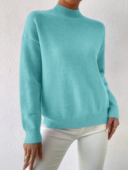 Women’s Solid Color Pullover Sweater – Mid-High Neck Long Sleeve Knitted Top