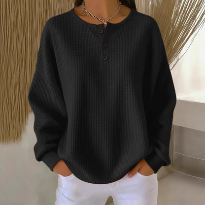 Women’s Waffle Knit Long-Sleeve T-Shirt – Solid Color Round Neck Pullover with Buttons