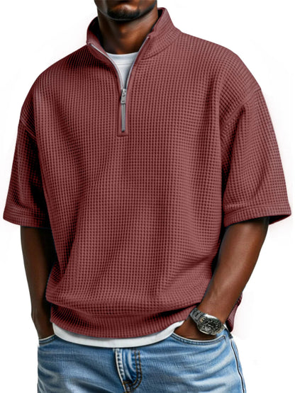 Men’s Waffle-Knit Short-Sleeve Polo Shirt – Loose-Fit Half-Zip Casual T-Shirt