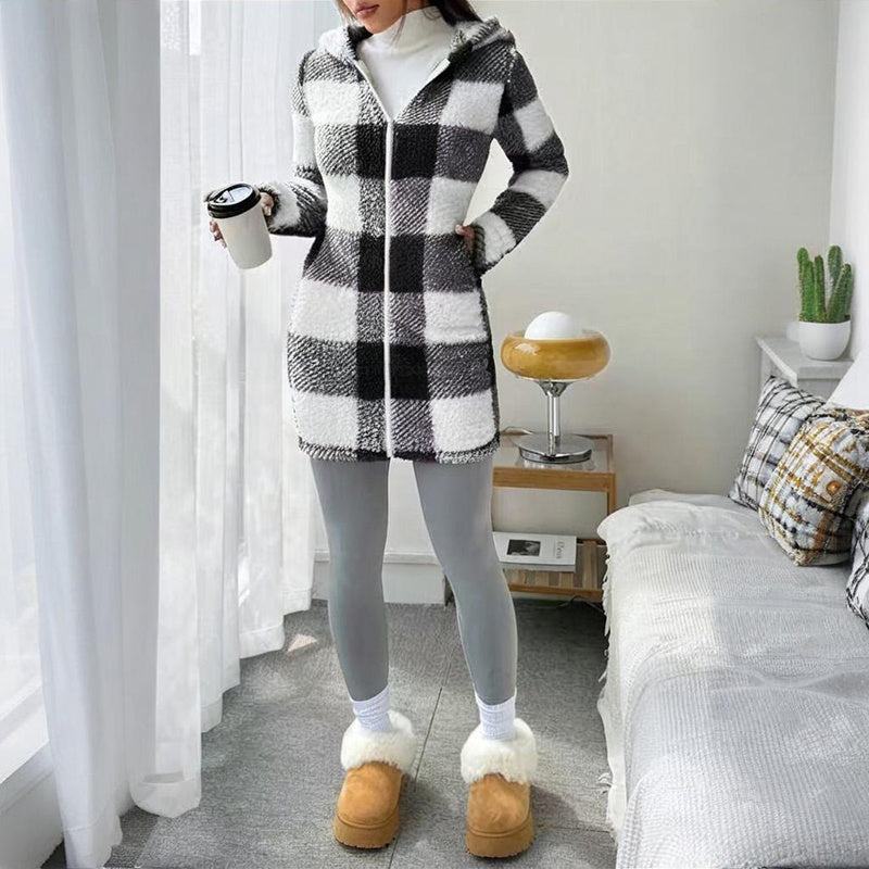 Women’s Winter Plaid Coat – Long Hooded Sherpa Jacket with Warm Fleece Lining