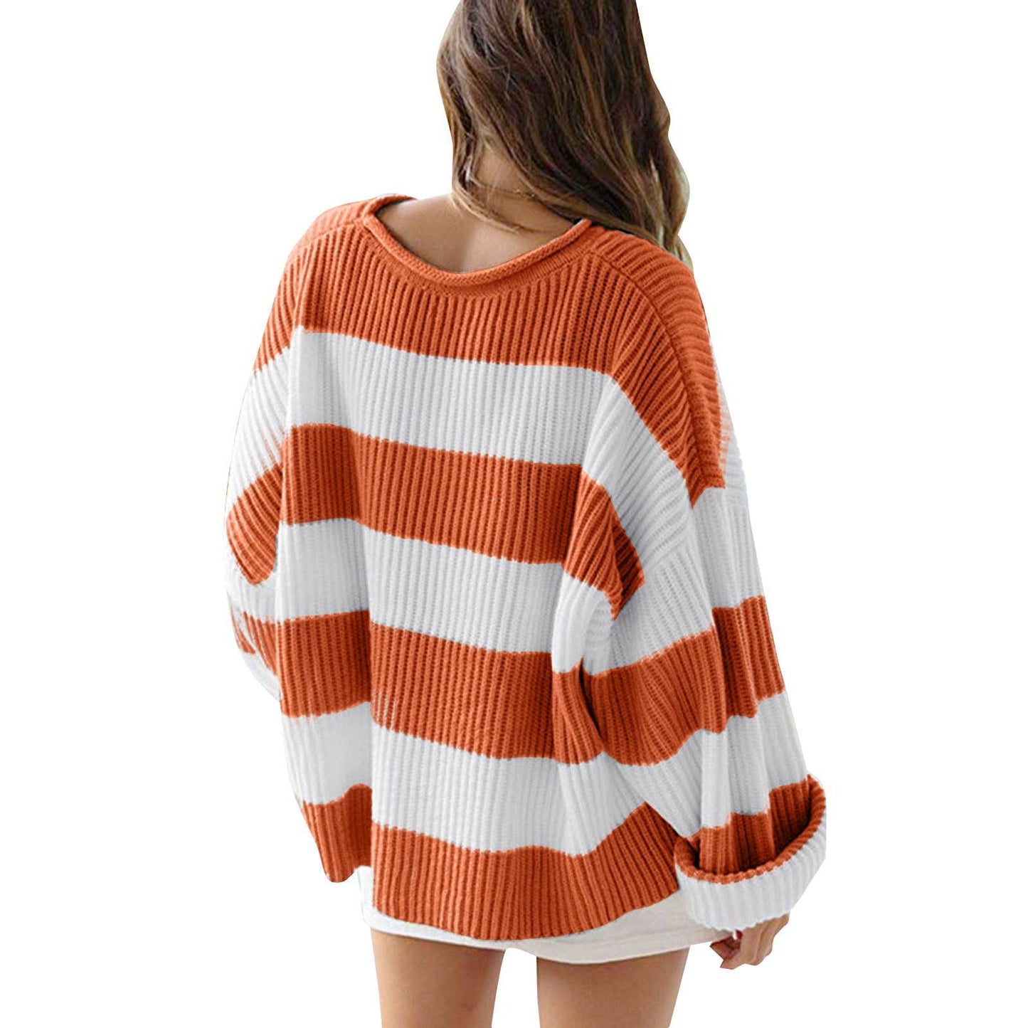 Women’s Loose Striped Sweater – Casual Long Batwing Sleeve Round Neck Pullover Knit Top