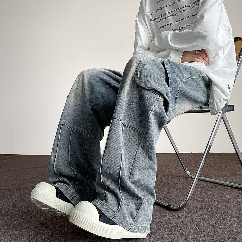 Men’s Washed Vintage Denim Pants – Wide-Leg Multi-Pocket Casual Trousers