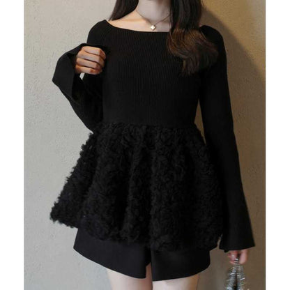 Women’s Long-Sleeve Knitted Patchwork Sweater – Floral Embroidered Casual Knit Top