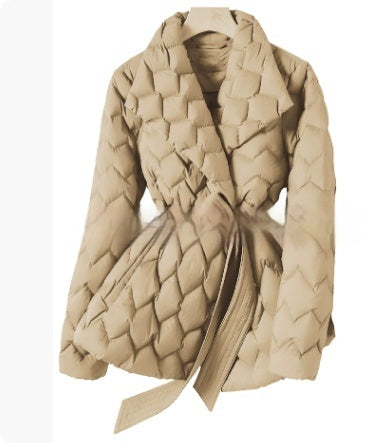 Women’s Winter Ripple-Stitch Jacket with Belt – Warm Lightweight Lapel Coat with Pockets