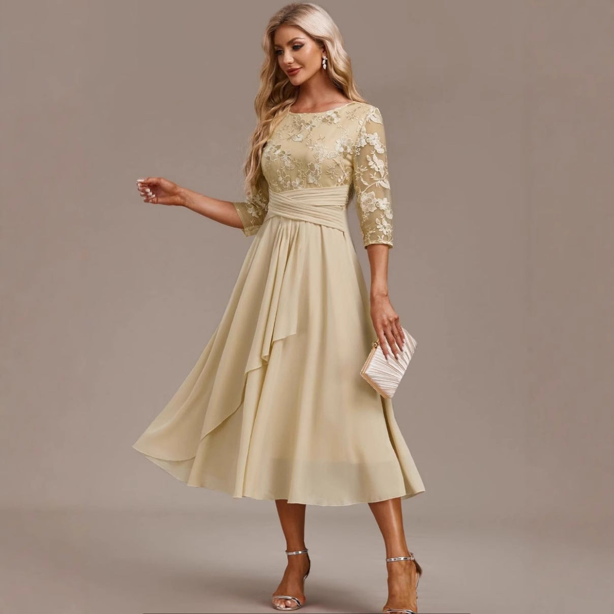 Women’s Elegant Lace Spliced Dress – Round‑Neck, Cross‑border Style