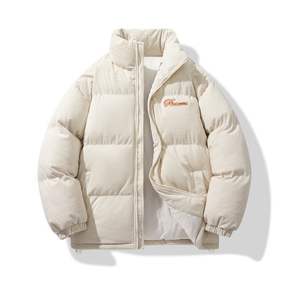 Men’s Winter Retro Cotton Padded Jacket – American-Style Stand-Up Collar with Embroidery