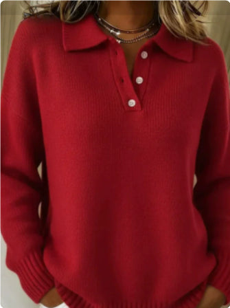 Women’s Printed Lapel Sweater – Casual Long-Sleeve Buttoned Knitted Pullover Top