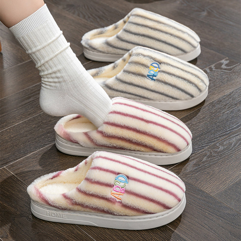 Plush Striped Winter Slippers – Warm Letter-Embroidered Indoor Home Shoes for Women & Men